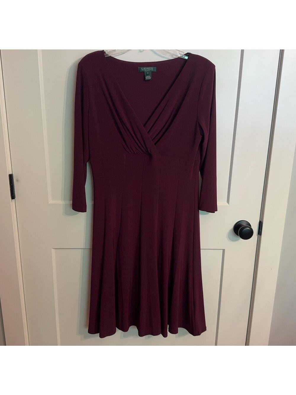 Lauren Ralph Lauren Dress 12 Purple Jersey V Neck Faux Wrap Knee Length Party